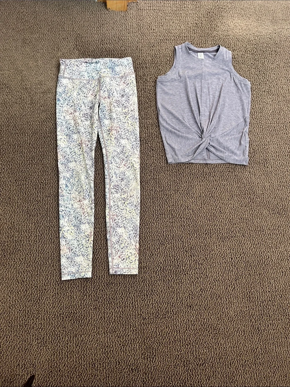 Athleta Girl Multicolor Speckled Leggings Sz M (8-10) & Lavendar Top, Sz S (7)